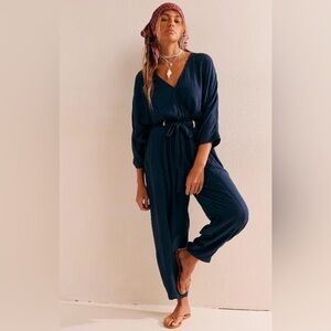 Free People Navy Blue Wrap Jumpsuit